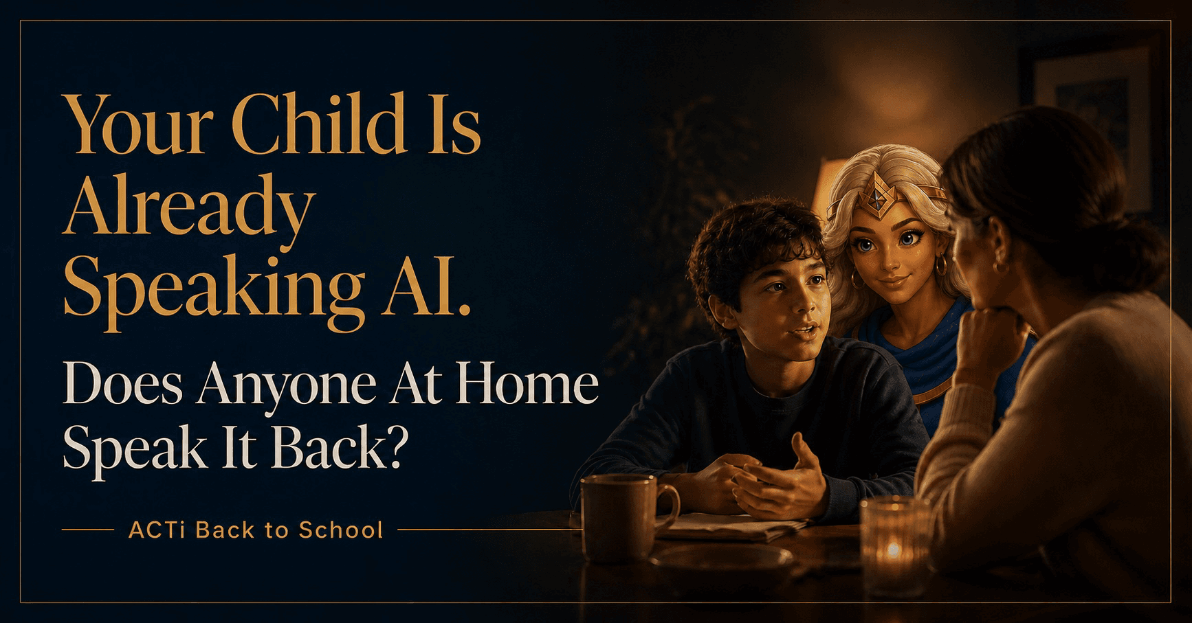 Athena supporting a child and parent in a family conversation about AI